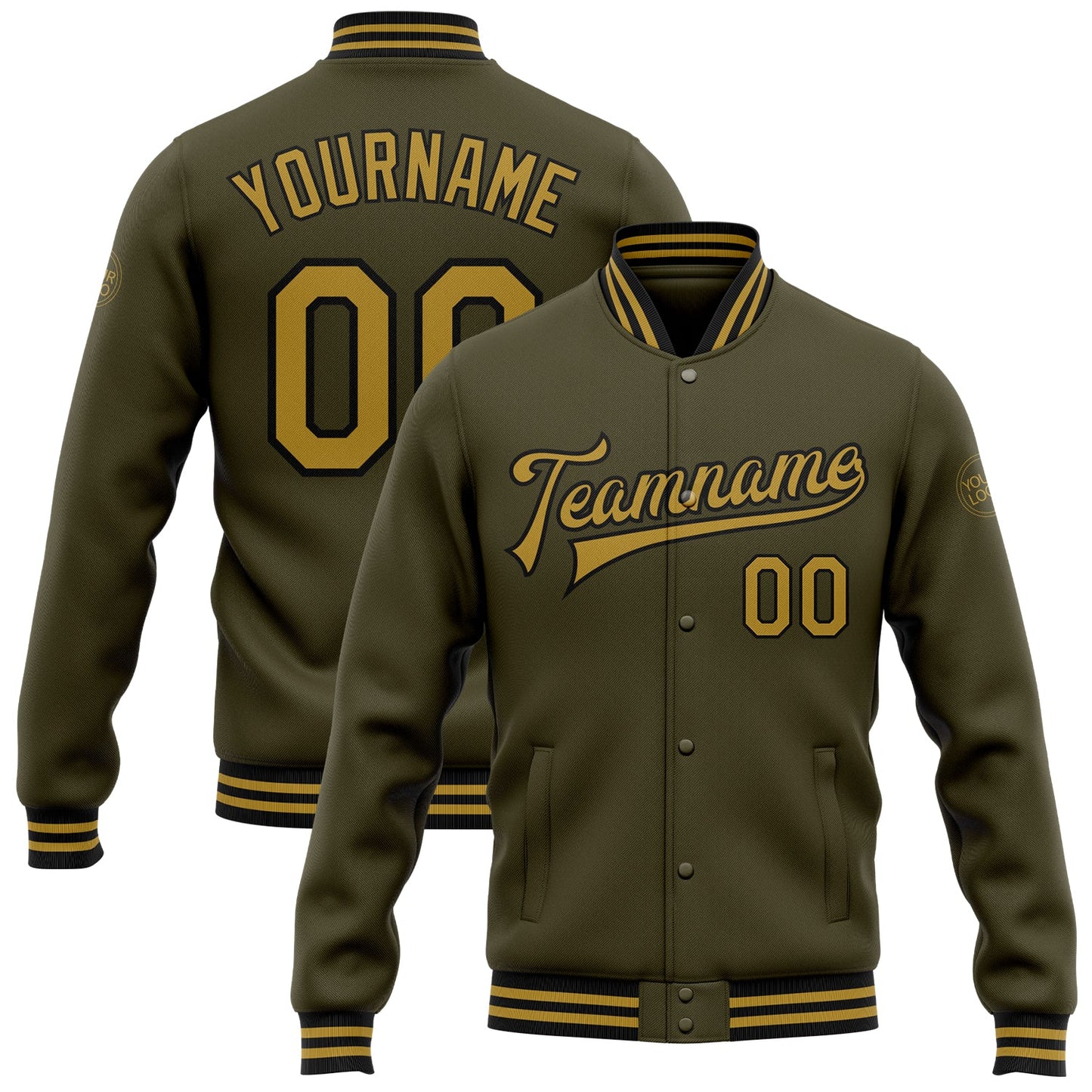 Custom Olive Old Gold-Black Bomber Full-Snap Varsity Letterman Salute To Service Jacket - Main View