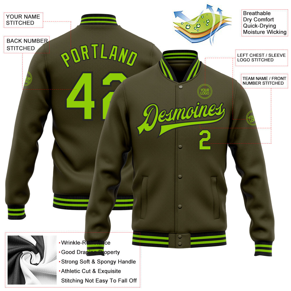 Custom Olive Neon Green-Black Bomber Full-Snap Varsity Letterman Salute To Service Jacket view 5