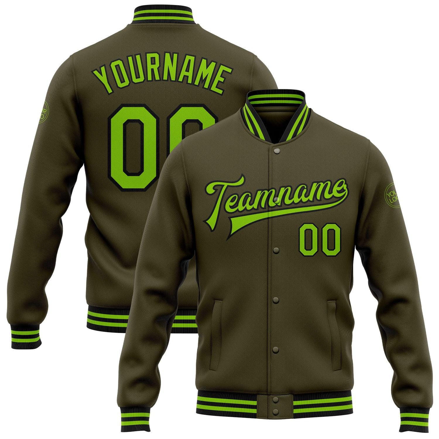 Custom Olive Neon Green-Black Bomber Full-Snap Varsity Letterman Salute To Service Jacket - Main View