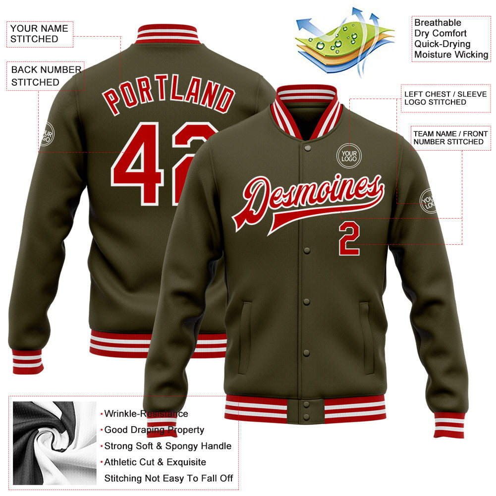 Custom Olive Red-White Bomber Full-Snap Varsity Letterman Salute To Service Jacket view 5
