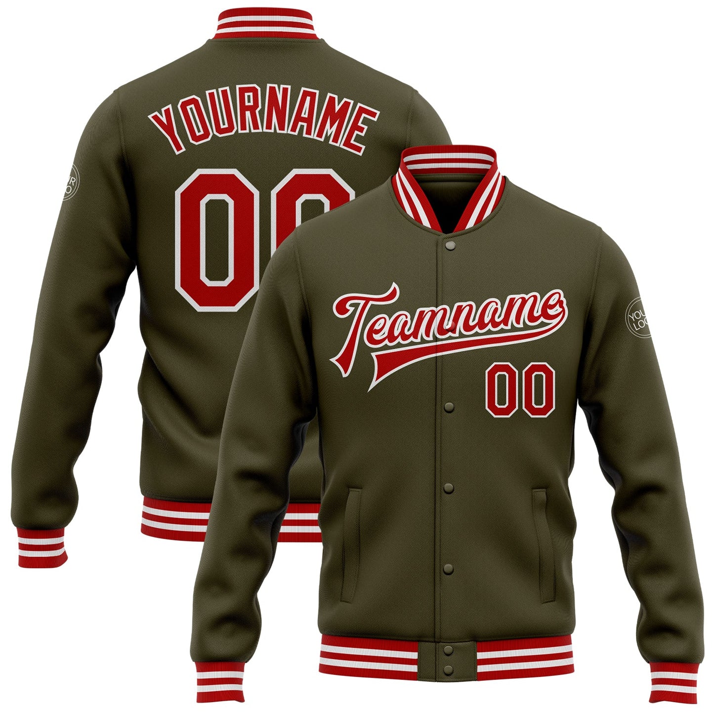 Custom Olive Red-White Bomber Full-Snap Varsity Letterman Salute To Service Jacket - Main View