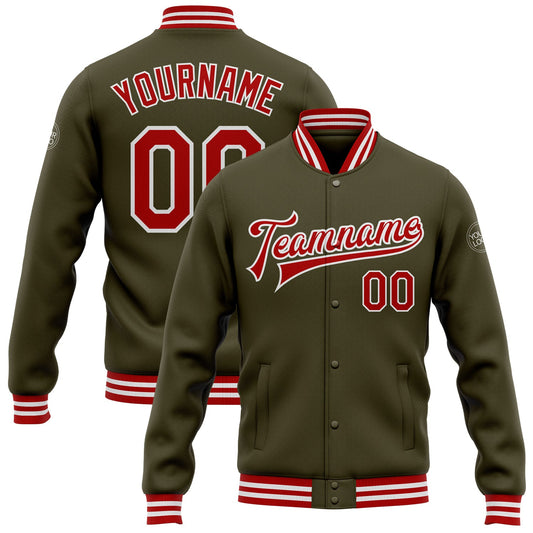 Custom Olive Red-White Bomber Full-Snap Varsity Letterman Salute To Service Jacket - Main View