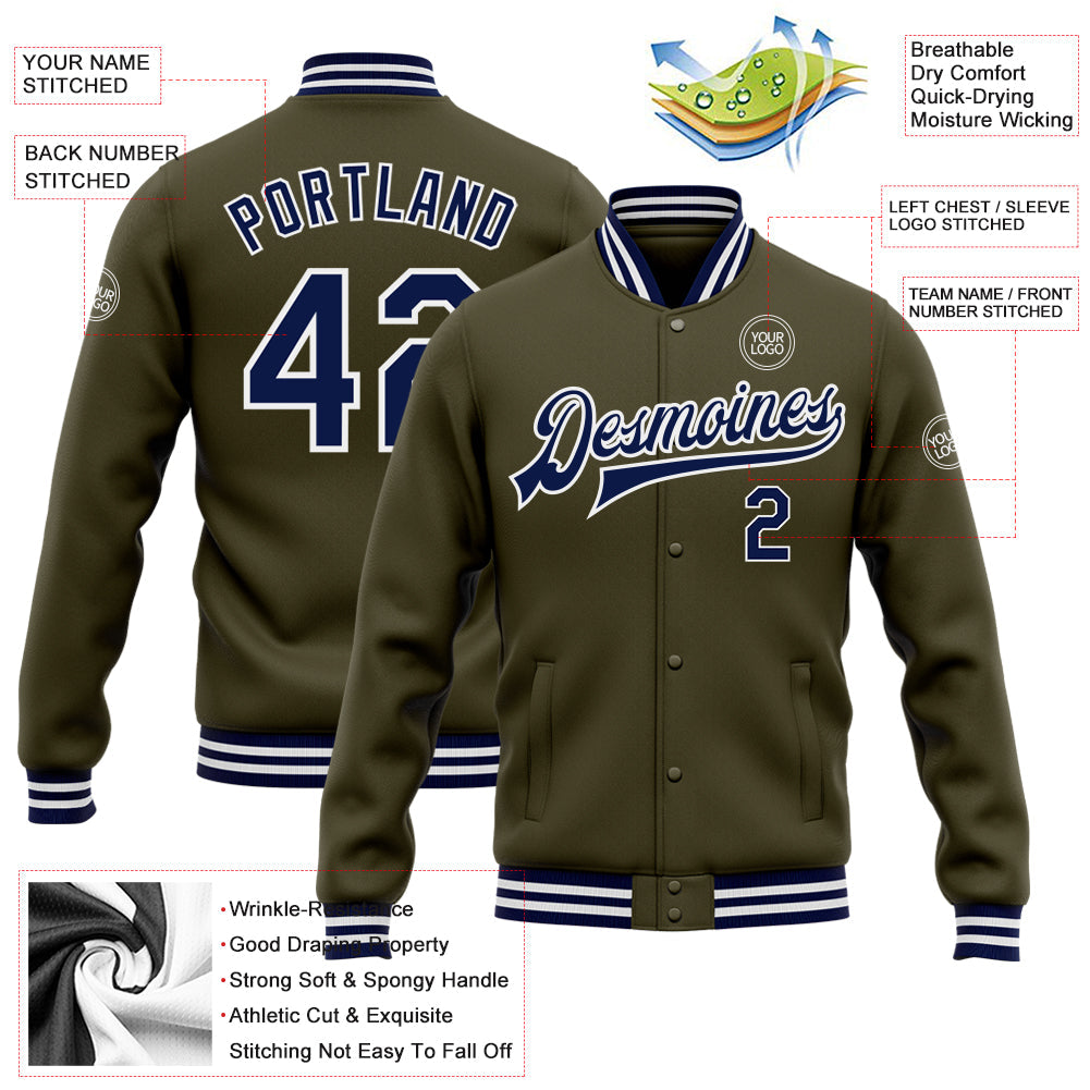 Custom Olive Navy-White Bomber Full-Snap Varsity Letterman Salute To Service Jacket view 5