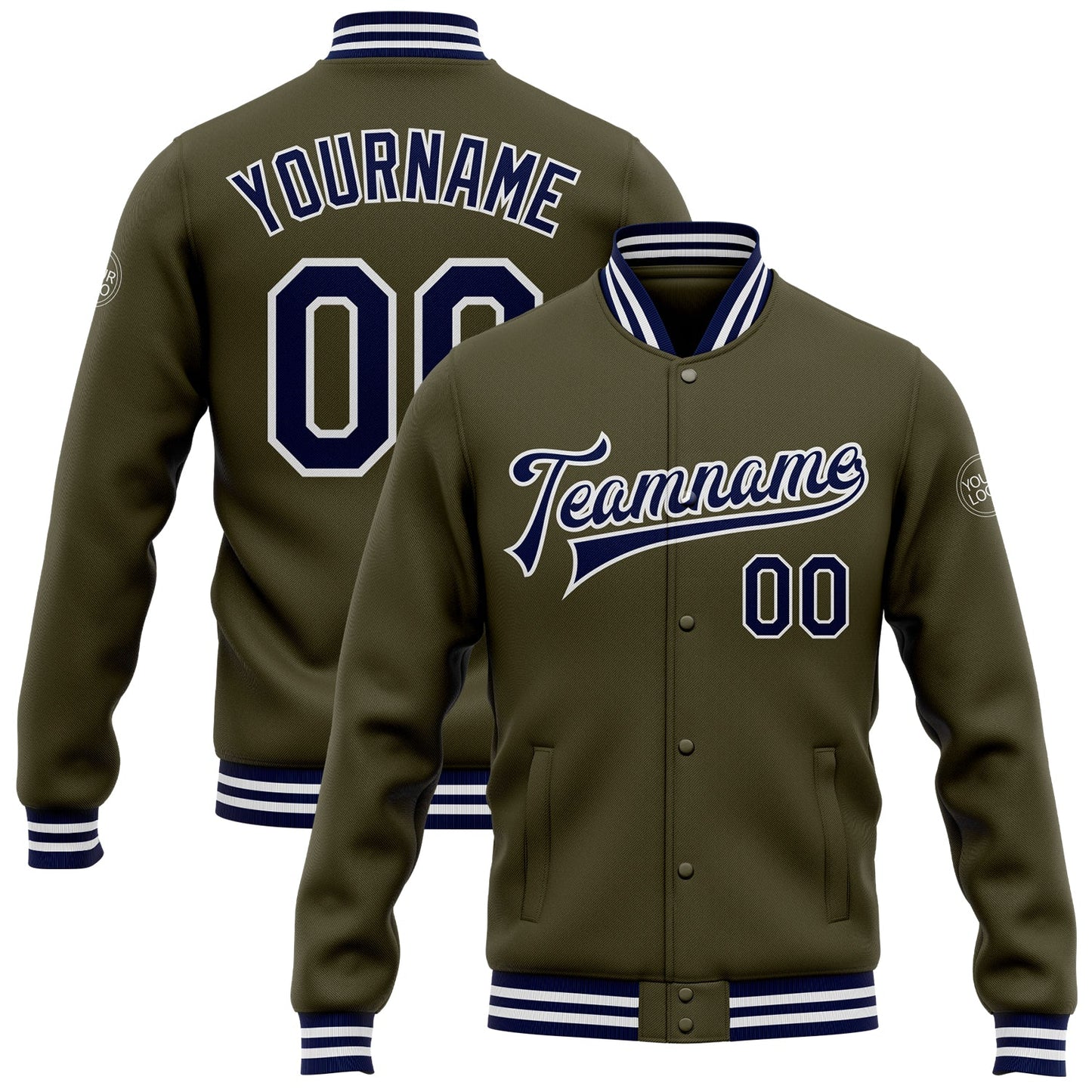 Custom Olive Navy-White Bomber Full-Snap Varsity Letterman Salute To Service Jacket - Main View