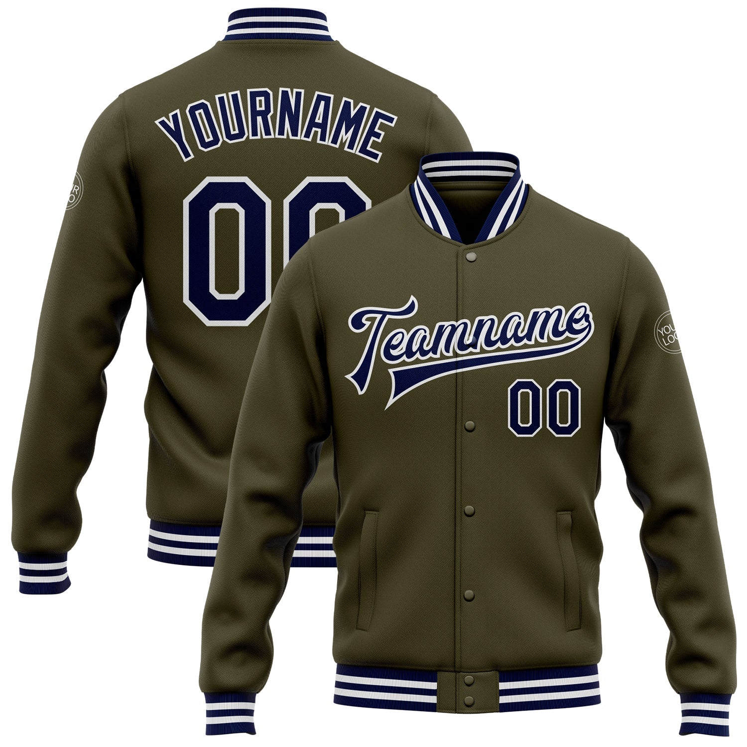 Custom Olive Navy-White Bomber Full-Snap Varsity Letterman Salute To Service Jacket - Main View
