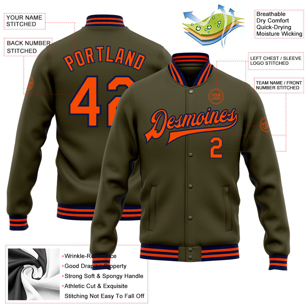 Custom Olive Orange-Navy Bomber Full-Snap Varsity Letterman Salute To Service Jacket view 5