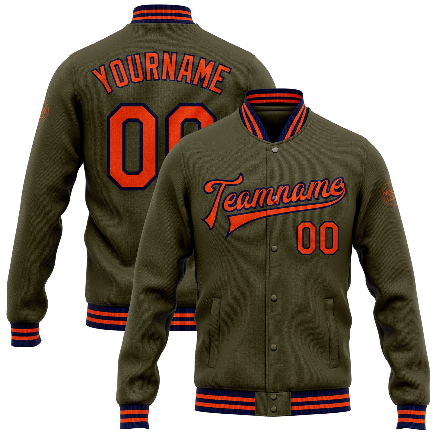 Custom Olive Orange-Navy Bomber Full-Snap Varsity Letterman Salute To Service Jacket - Main View