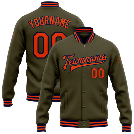 Custom Olive Orange-Navy Bomber Full-Snap Varsity Letterman Salute To Service Jacket - Main View
