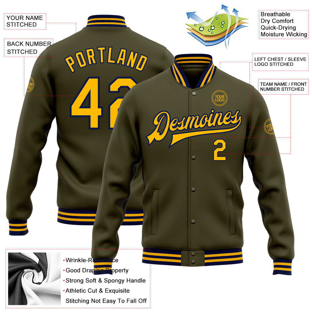 Custom Olive Gold-Navy Bomber Full-Snap Varsity Letterman Salute To Service Jacket view 5