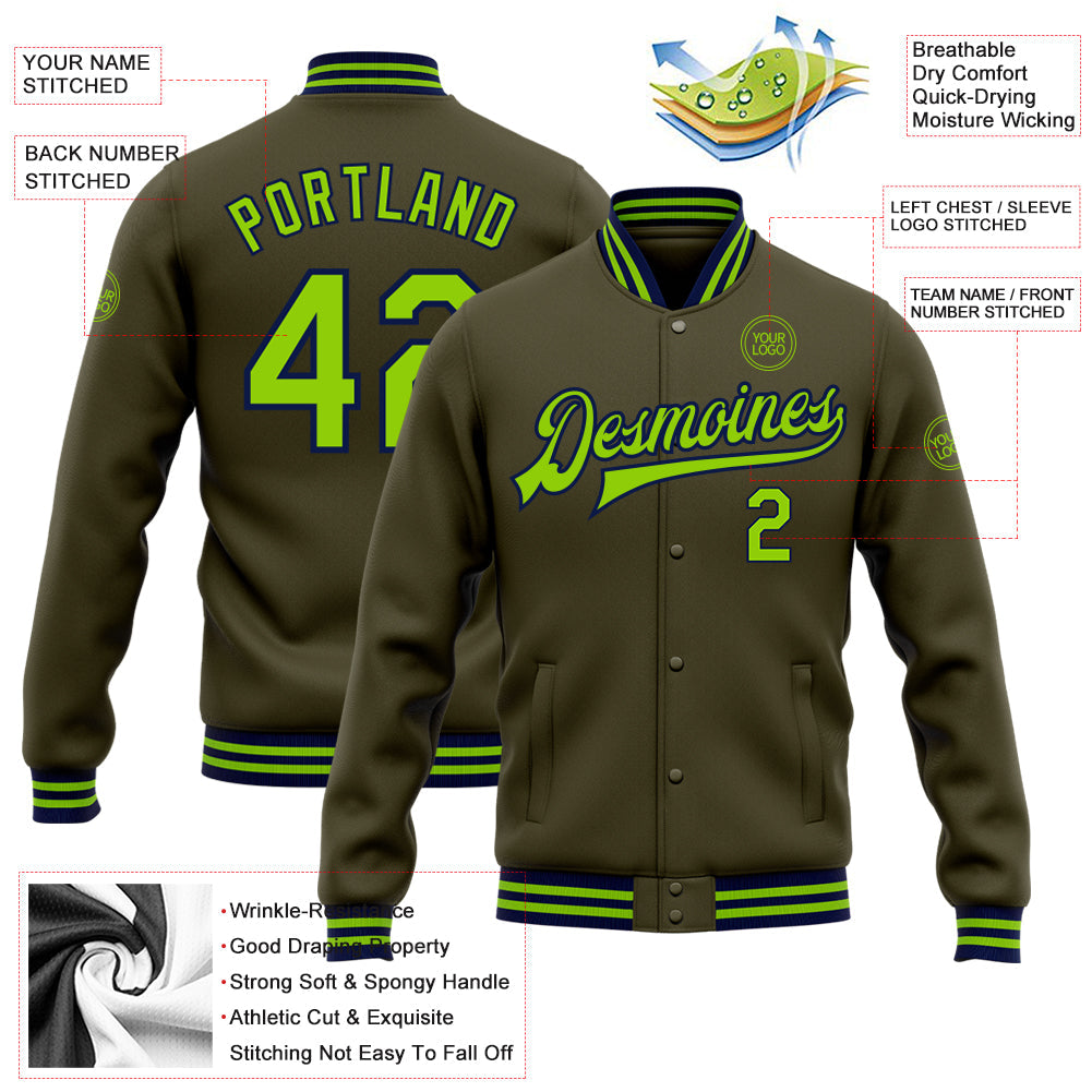 Custom Olive Neon Green-Navy Bomber Full-Snap Varsity Letterman Salute To Service Jacket view 5