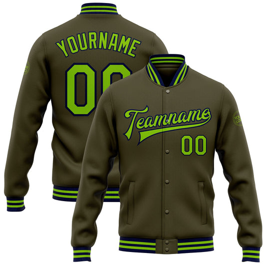 Custom Olive Neon Green-Navy Bomber Full-Snap Varsity Letterman Salute To Service Jacket - Main View