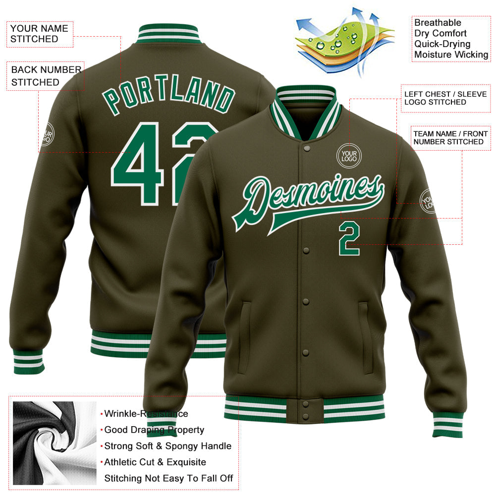 Custom Olive Kelly Green-White Bomber Full-Snap Varsity Letterman Salute To Service Jacket view 5