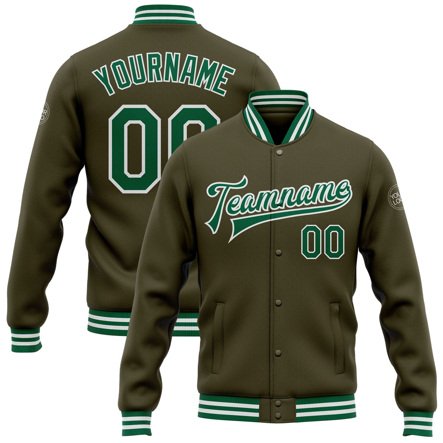 Custom Olive Kelly Green-White Bomber Full-Snap Varsity Letterman Salute To Service Jacket - Main View