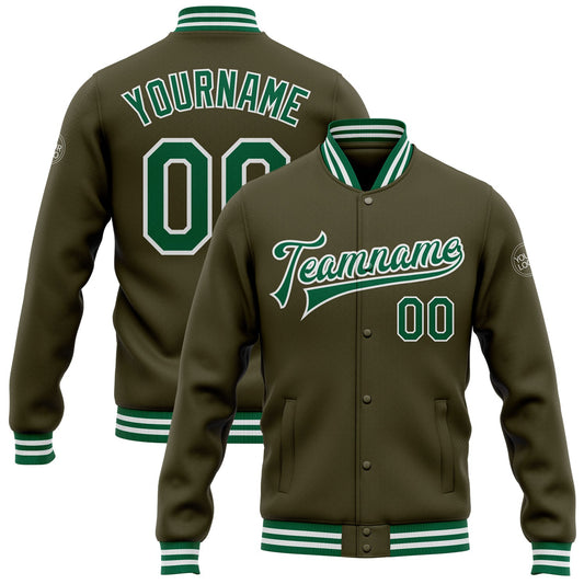 Custom Olive Kelly Green-White Bomber Full-Snap Varsity Letterman Salute To Service Jacket - Main View