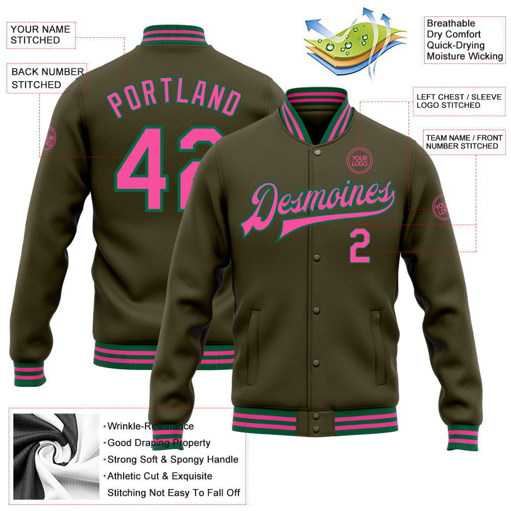 Custom Olive Pink-Kelly Green Bomber Full-Snap Varsity Letterman Salute To Service Jacket view 5