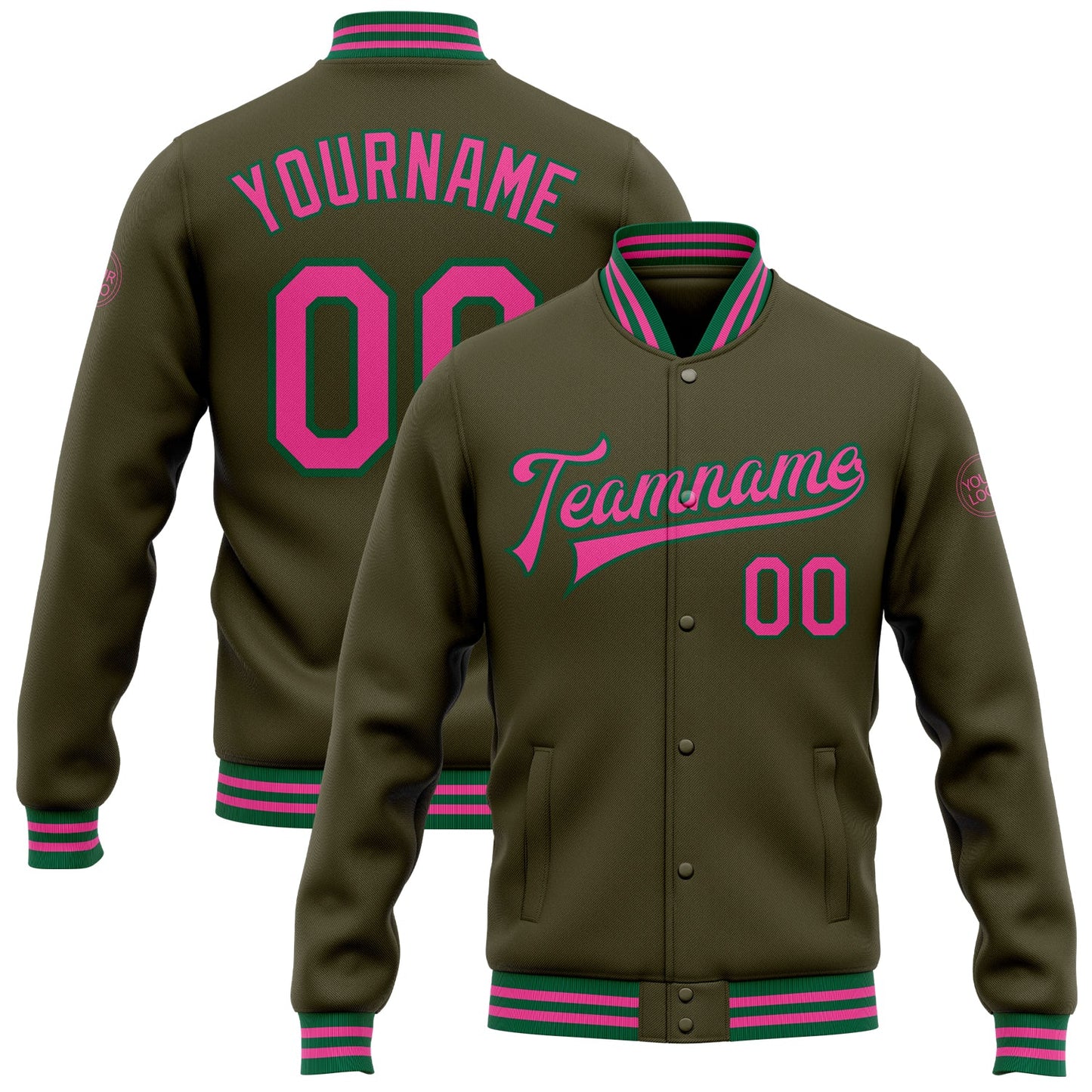 Custom Olive Pink-Kelly Green Bomber Full-Snap Varsity Letterman Salute To Service Jacket - Main View