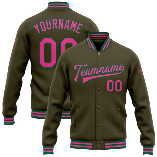 Custom Olive Pink-Kelly Green Bomber Full-Snap Varsity Letterman Salute To Service Jacket - Main View