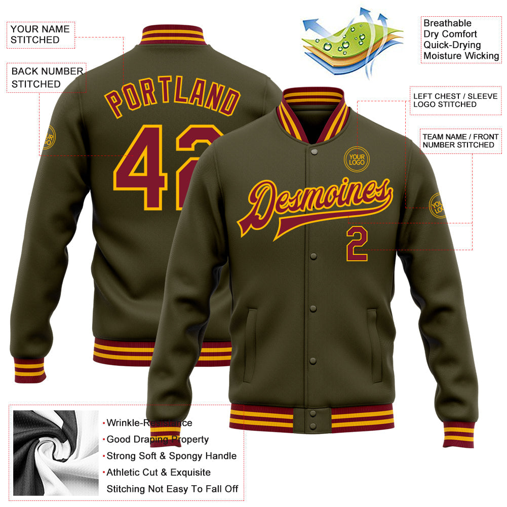 Custom Olive Crimson-Gold Bomber Full-Snap Varsity Letterman Salute To Service Jacket view 5