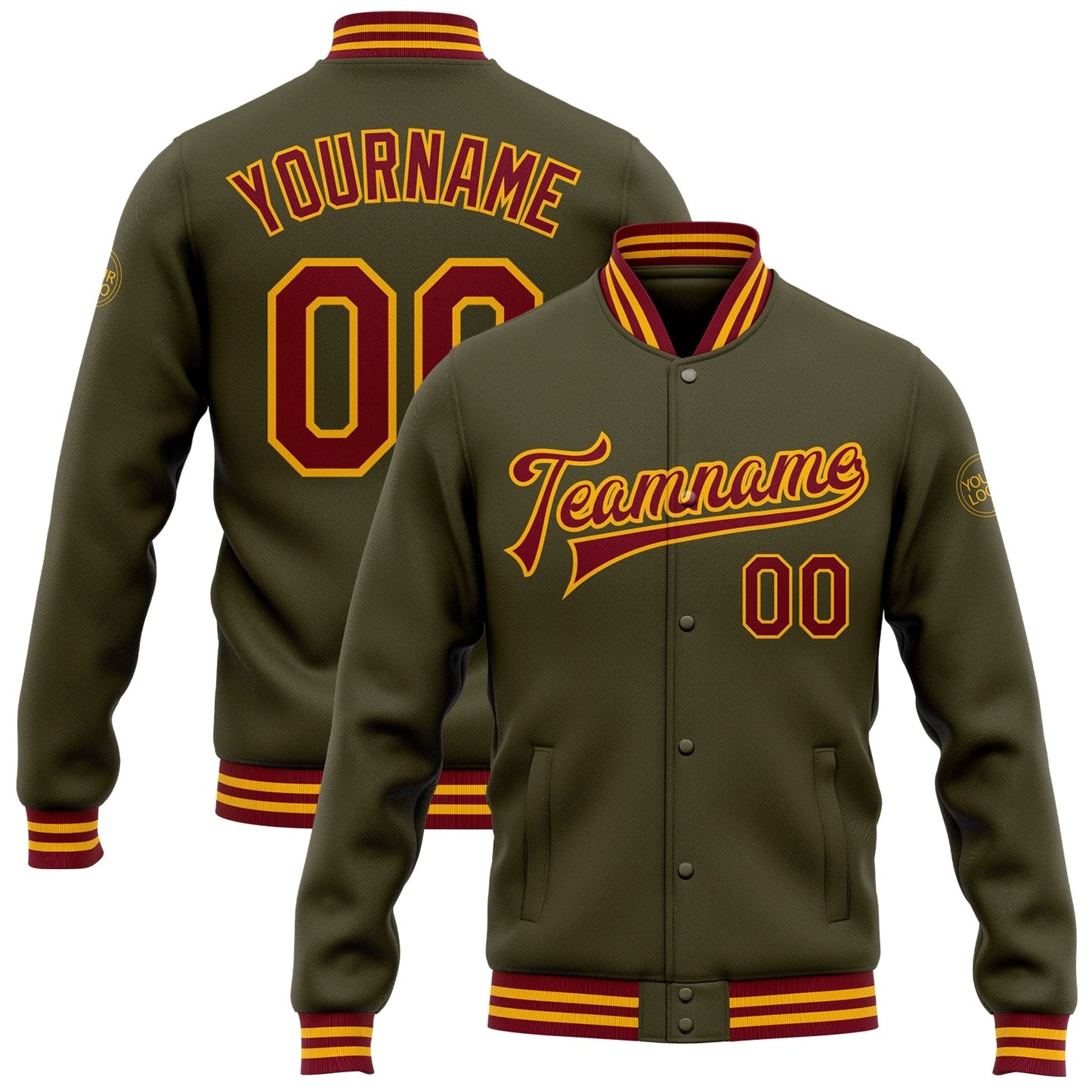 Custom Olive Crimson-Gold Bomber Full-Snap Varsity Letterman Salute To Service Jacket - Main View