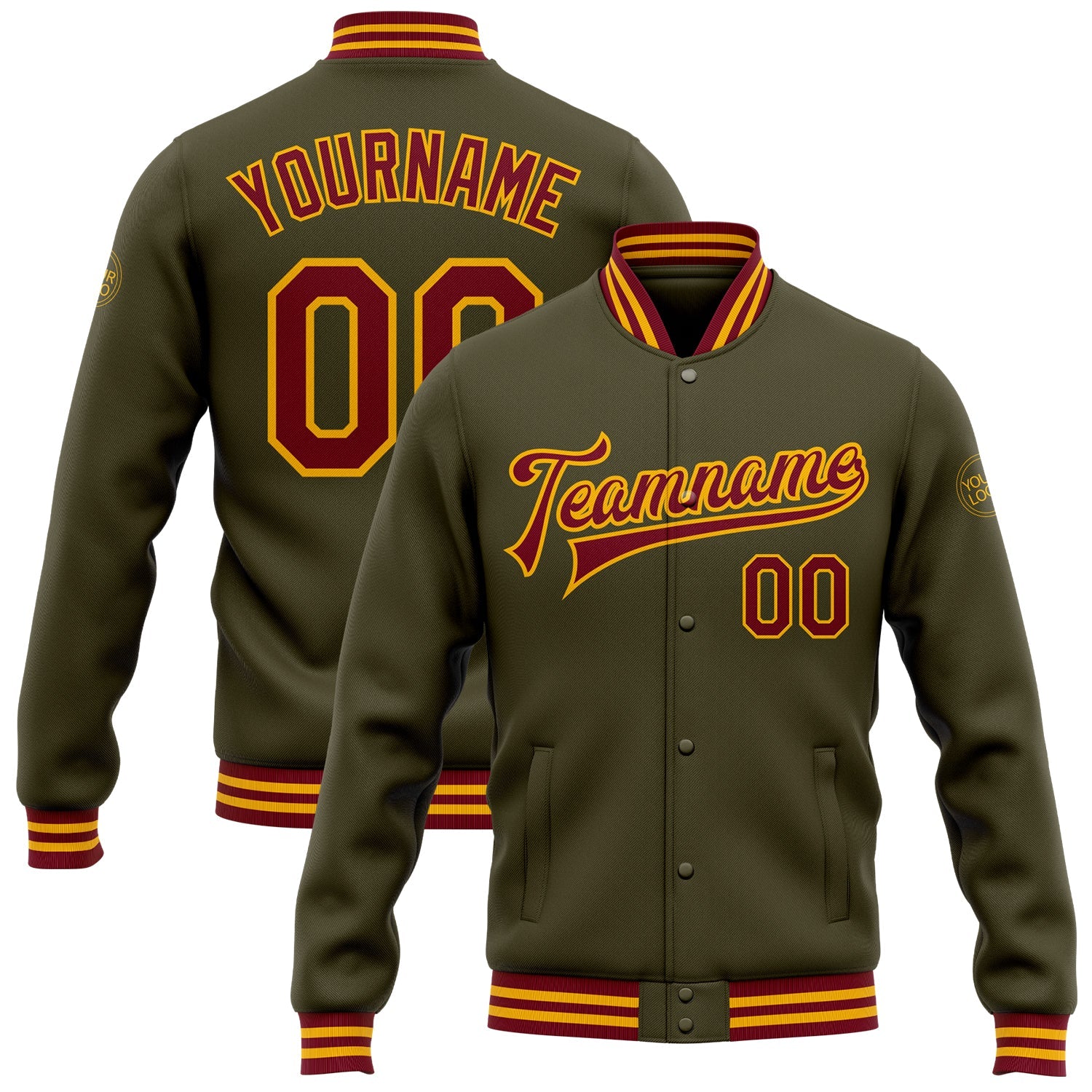 Custom Olive Crimson-Gold Bomber Full-Snap Varsity Letterman Salute To Service Jacket - Main View