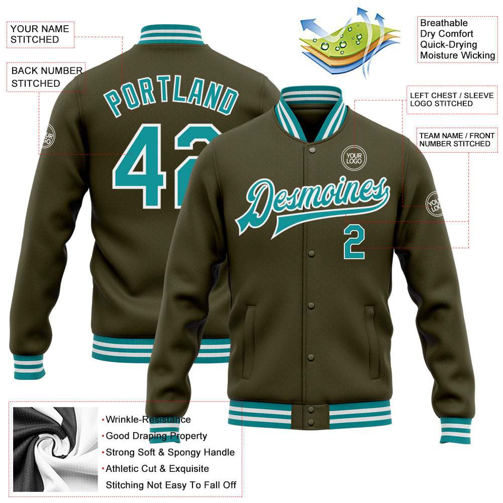 Custom Olive Teal-White Bomber Full-Snap Varsity Letterman Salute To Service Jacket view 5