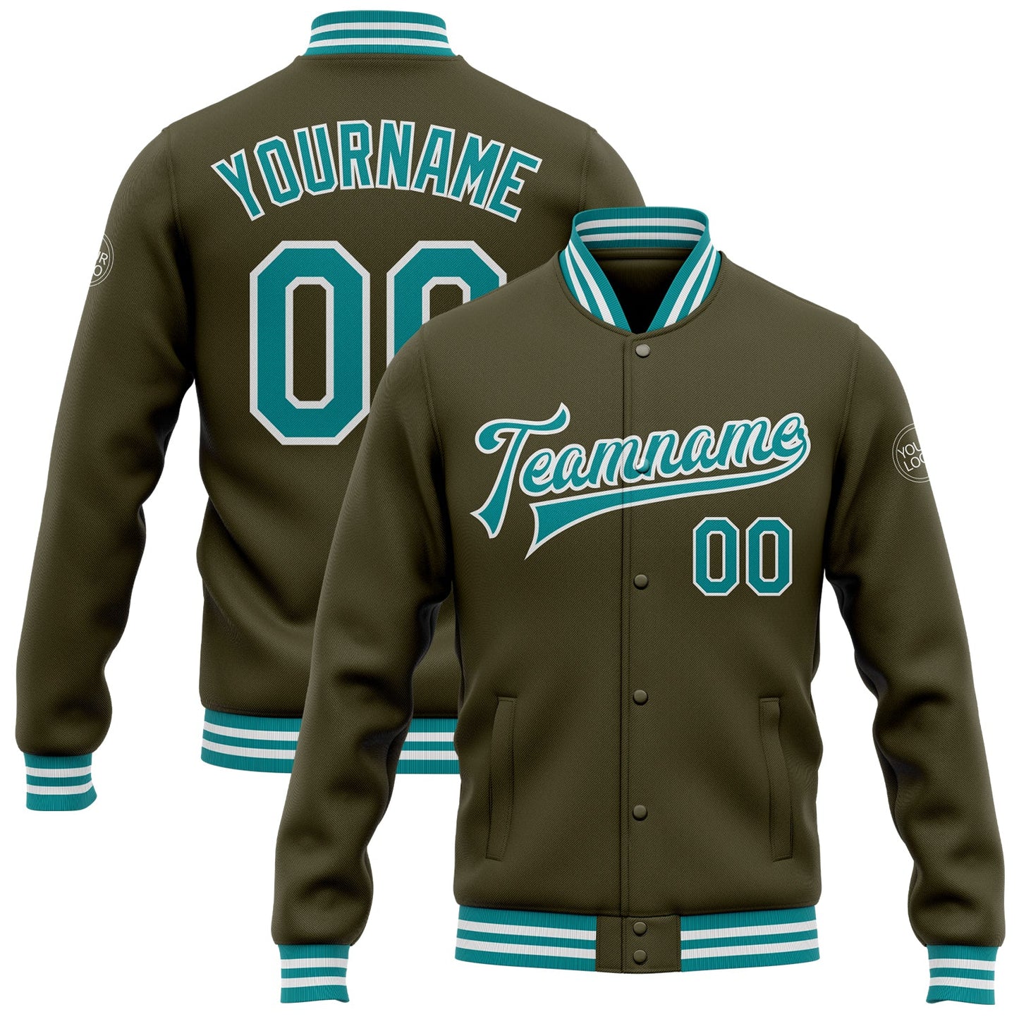 Custom Olive Teal-White Bomber Full-Snap Varsity Letterman Salute To Service Jacket - Main View