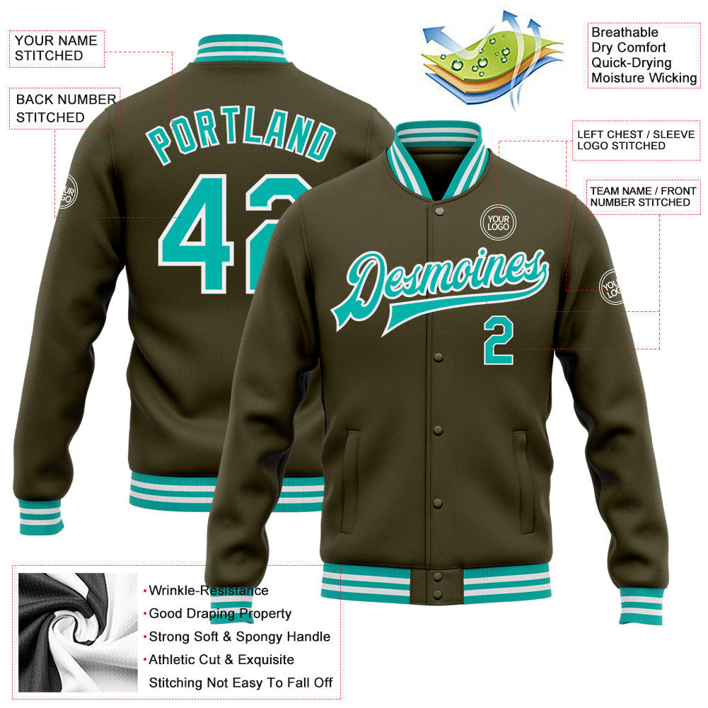 Custom Olive Aqua-White Bomber Full-Snap Varsity Letterman Salute To Service Jacket view 5