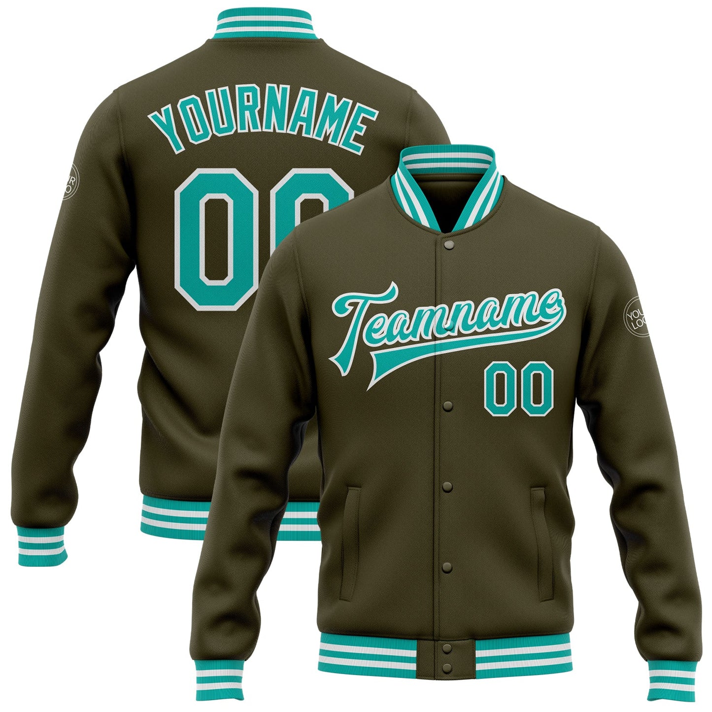 Custom Olive Aqua-White Bomber Full-Snap Varsity Letterman Salute To Service Jacket - Main View