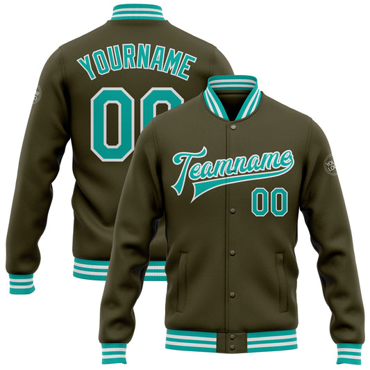 Custom Olive Aqua-White Bomber Full-Snap Varsity Letterman Salute To Service Jacket - Main View