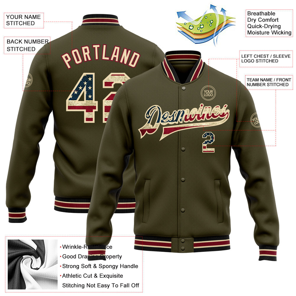 Custom Olive Vintage USA Flag City Cream-Black Bomber Full-Snap Varsity Letterman Salute To Service Jacket view 5