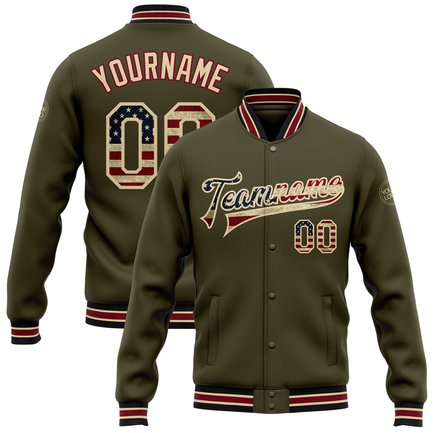 Custom Olive Vintage USA Flag City Cream-Black Bomber Full-Snap Varsity Letterman Salute To Service Jacket - Main View