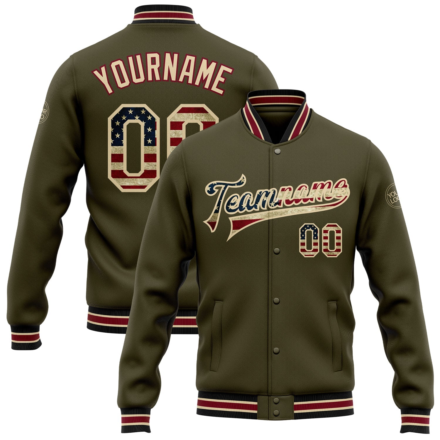 Custom Olive Vintage USA Flag City Cream-Black Bomber Full-Snap Varsity Letterman Salute To Service Jacket - Main View