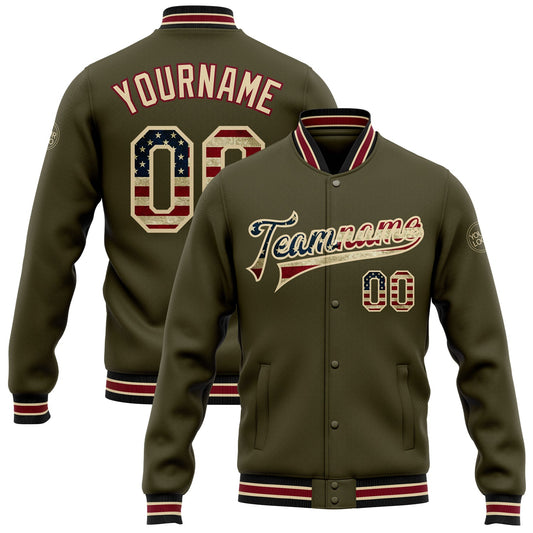Custom Olive Vintage USA Flag City Cream-Black Bomber Full-Snap Varsity Letterman Salute To Service Jacket - Main View
