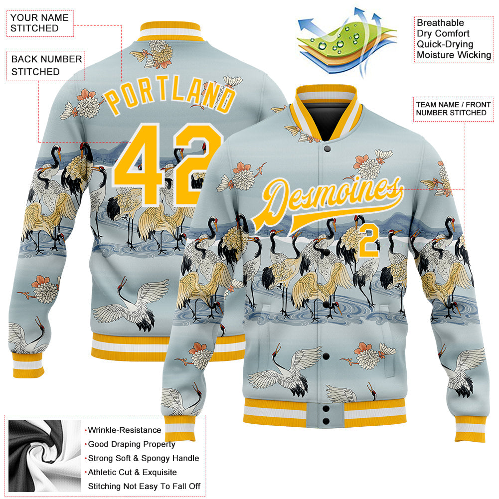 Custom Lakes Blue Gold-White Heron 3D Pattern Design Bomber Full-Snap Varsity Letterman Jacket view 5