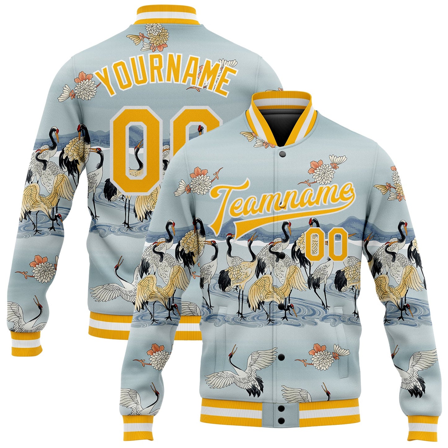 Custom Lakes Blue Gold-White Heron 3D Pattern Design Bomber Full-Snap Varsity Letterman Jacket - Main View