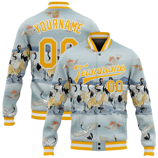 Custom Lakes Blue Gold-White Heron 3D Pattern Design Bomber Full-Snap Varsity Letterman Jacket - Main View