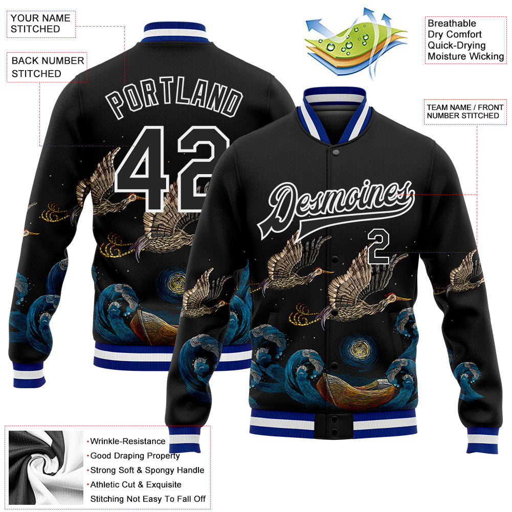 Custom Black Royal-White Heron And Wave 3D Pattern Design Bomber Full-Snap Varsity Letterman Jacket view 5
