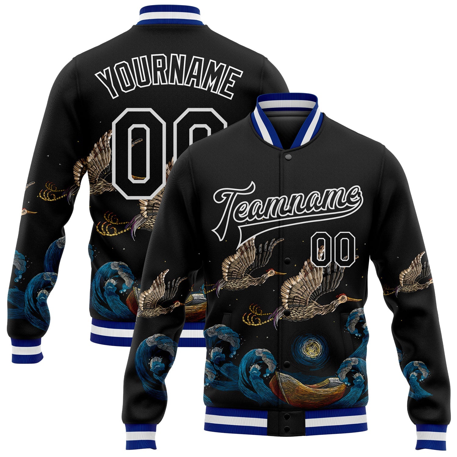 Custom Black Royal-White Heron And Wave 3D Pattern Design Bomber Full-Snap Varsity Letterman Jacket - Main View