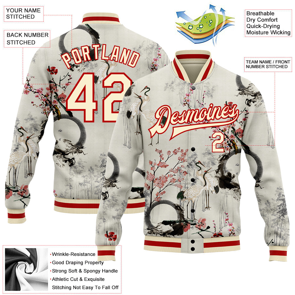 Custom Cream Red Heron And Flower 3D Pattern Design Bomber Full-Snap Varsity Letterman Jacket view 5