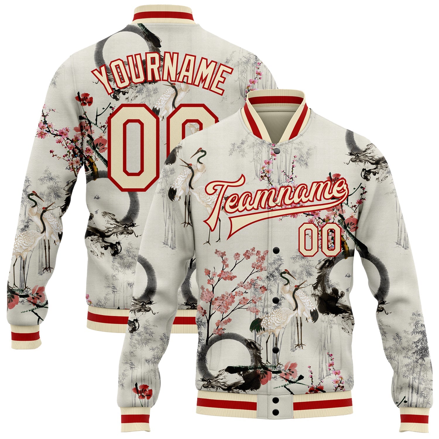 Custom Cream Red Heron And Flower 3D Pattern Design Bomber Full-Snap Varsity Letterman Jacket - Main View