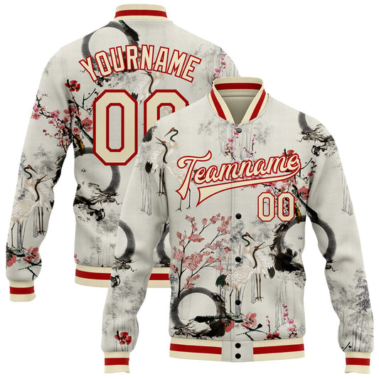 Custom Cream Red Heron And Flower 3D Pattern Design Bomber Full-Snap Varsity Letterman Jacket - Main View