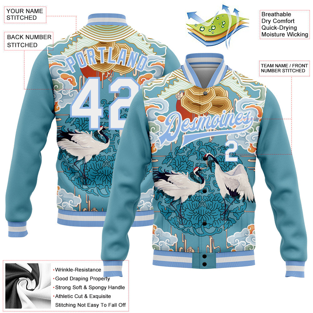 Custom Light Blue White Heron And Cloud 3D Pattern Design Bomber Full-Snap Varsity Letterman Jacket view 5