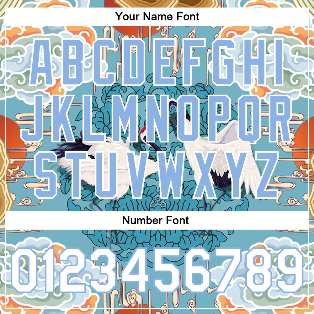 Custom Light Blue White Heron And Cloud 3D Pattern Design Bomber Full-Snap Varsity Letterman Jacket view 7