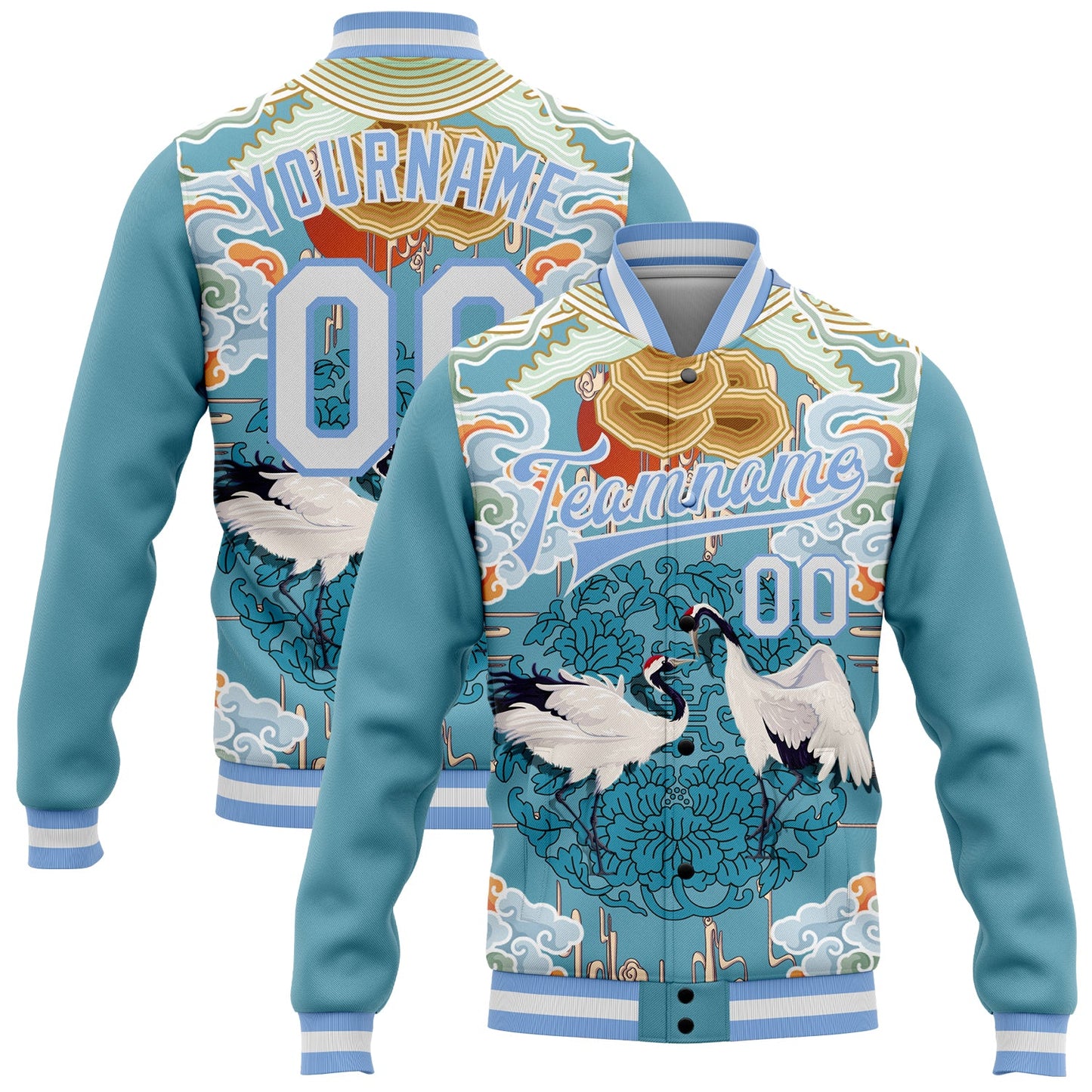 Custom Light Blue White Heron And Cloud 3D Pattern Design Bomber Full-Snap Varsity Letterman Jacket - Main View