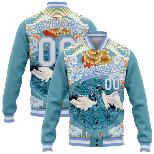 Custom Light Blue White Heron And Cloud 3D Pattern Design Bomber Full-Snap Varsity Letterman Jacket - Main View