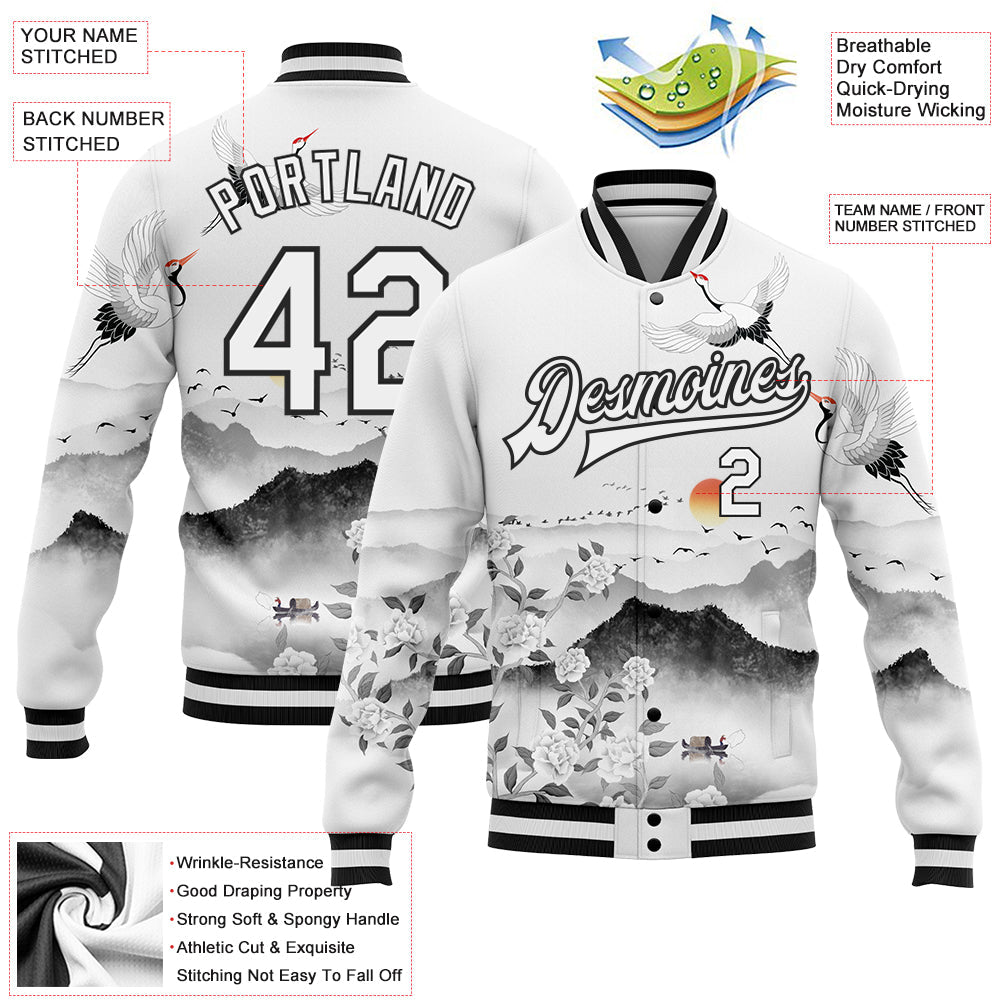 Custom White Black Heron And Flower 3D Pattern Design Bomber Full-Snap Varsity Letterman Jacket view 5