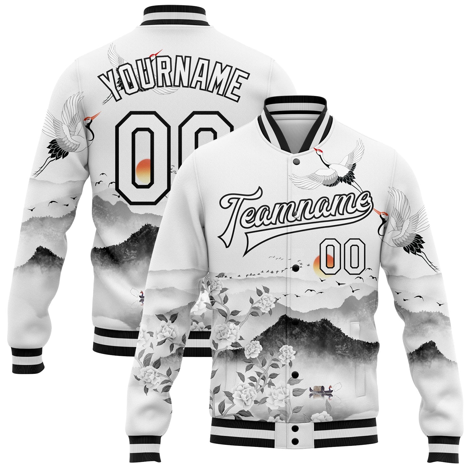 Custom White Black Heron And Flower 3D Pattern Design Bomber Full-Snap Varsity Letterman Jacket - Main View