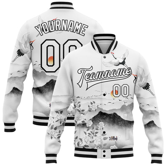 Custom White Black Heron And Flower 3D Pattern Design Bomber Full-Snap Varsity Letterman Jacket - Main View