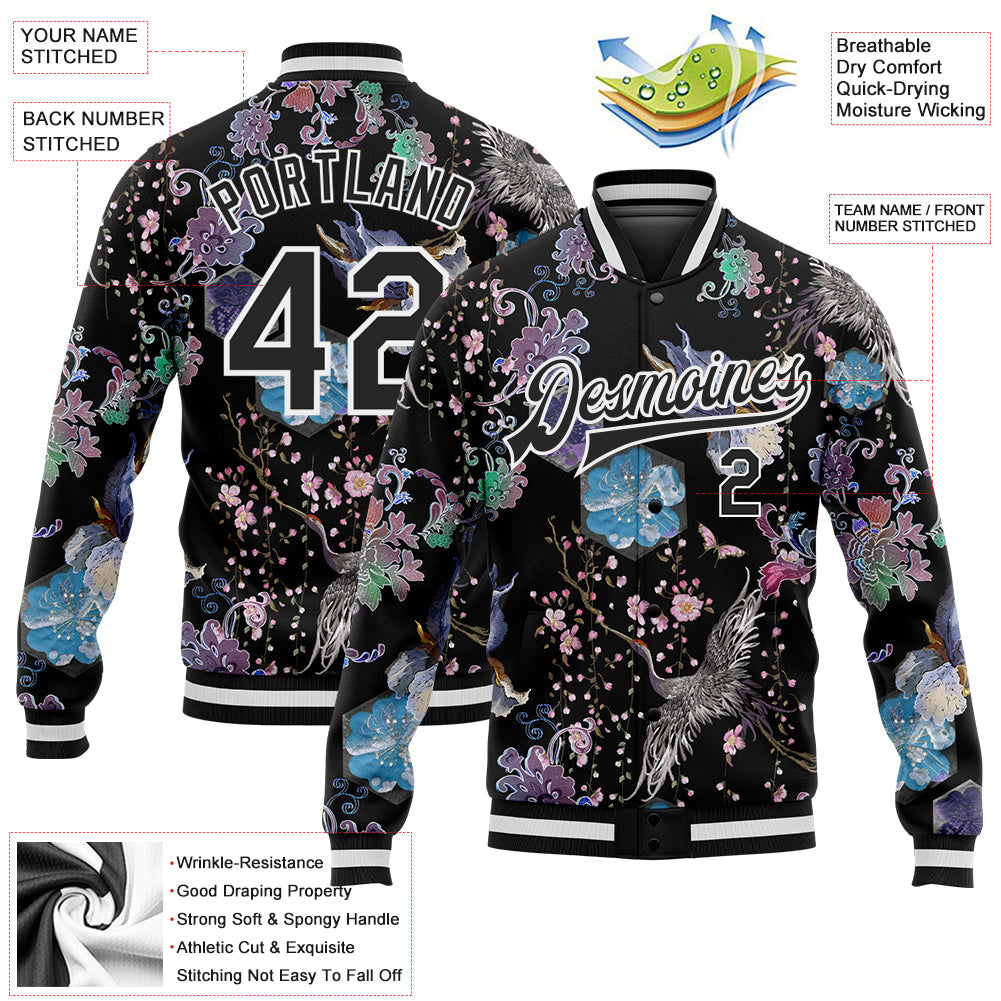 Custom Black White Heron And Flower 3D Pattern Design Bomber Full-Snap Varsity Letterman Jacket view 5
