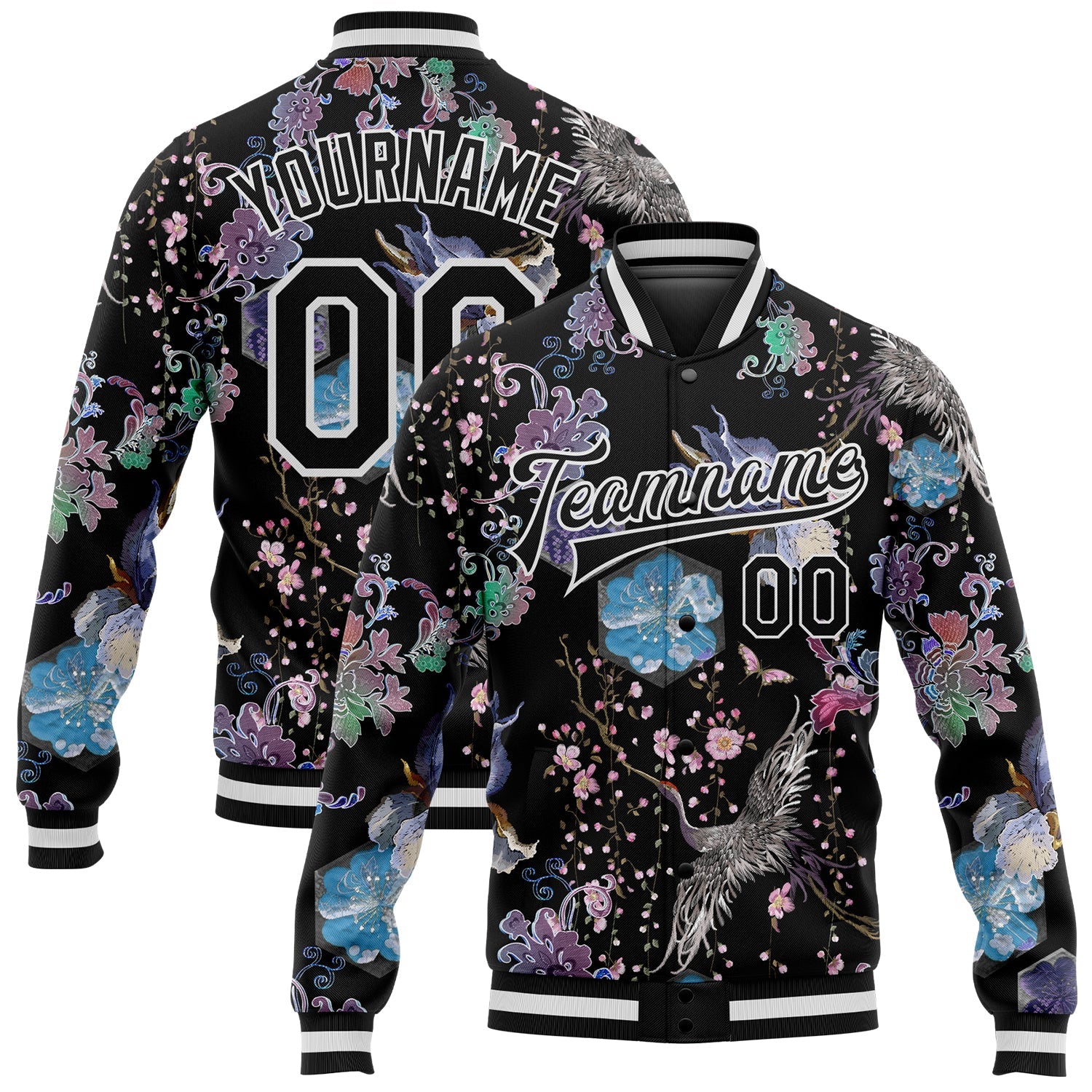 Custom Black White Heron And Flower 3D Pattern Design Bomber Full-Snap Varsity Letterman Jacket - Main View